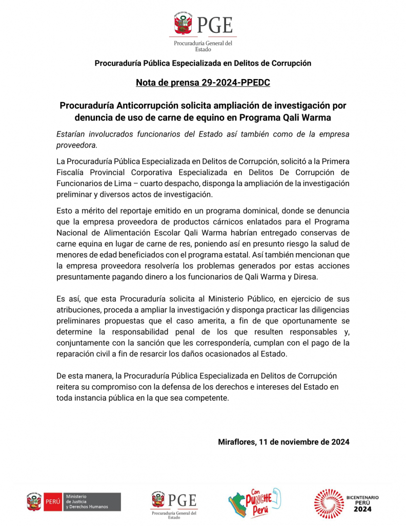 Procuraduría Anticorrupción solicita ampliación de investigación por denuncia de uso de carne de equino en Programa Qali Warma