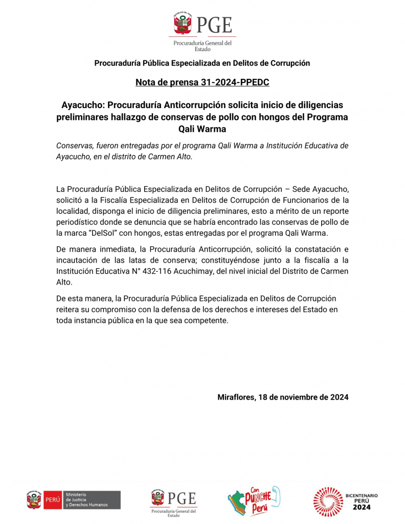 Ayacucho: Procuraduría Anticorrupción solicita inicio de diligencias preliminares hallazgo de conservas de pollo con hongos del Programa Qali Warma