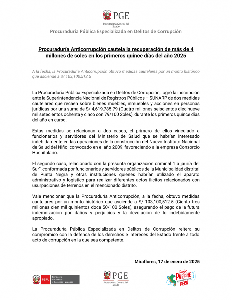 Procuraduría Anticorrupción cautela la recuperación de más de 4 millones de soles en los primeros quince días del año 2025