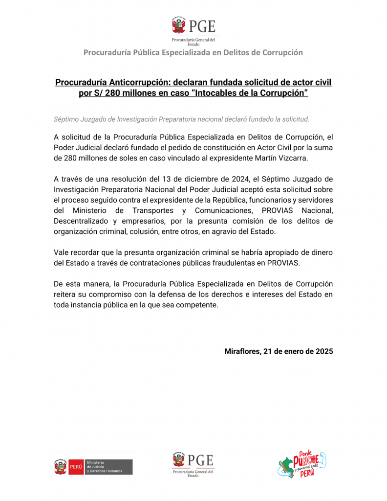 Procuraduría Anticorrupción: declaran fundada solicitud de actor civil por S/ 280 millones en caso “Intocables de la Corrupción”